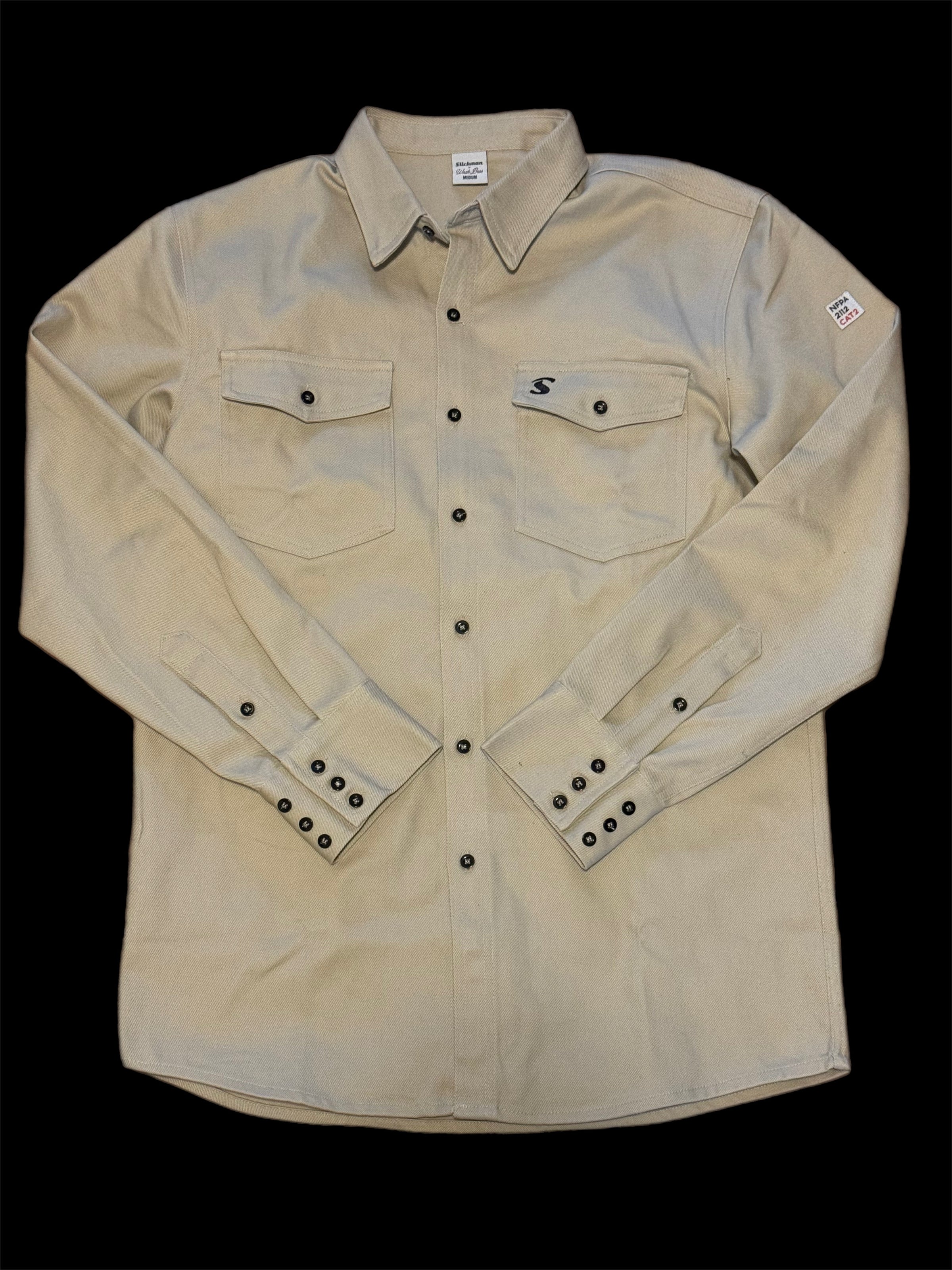Slickman Khaki FR Welding Shirt with Pearl Snap Closures