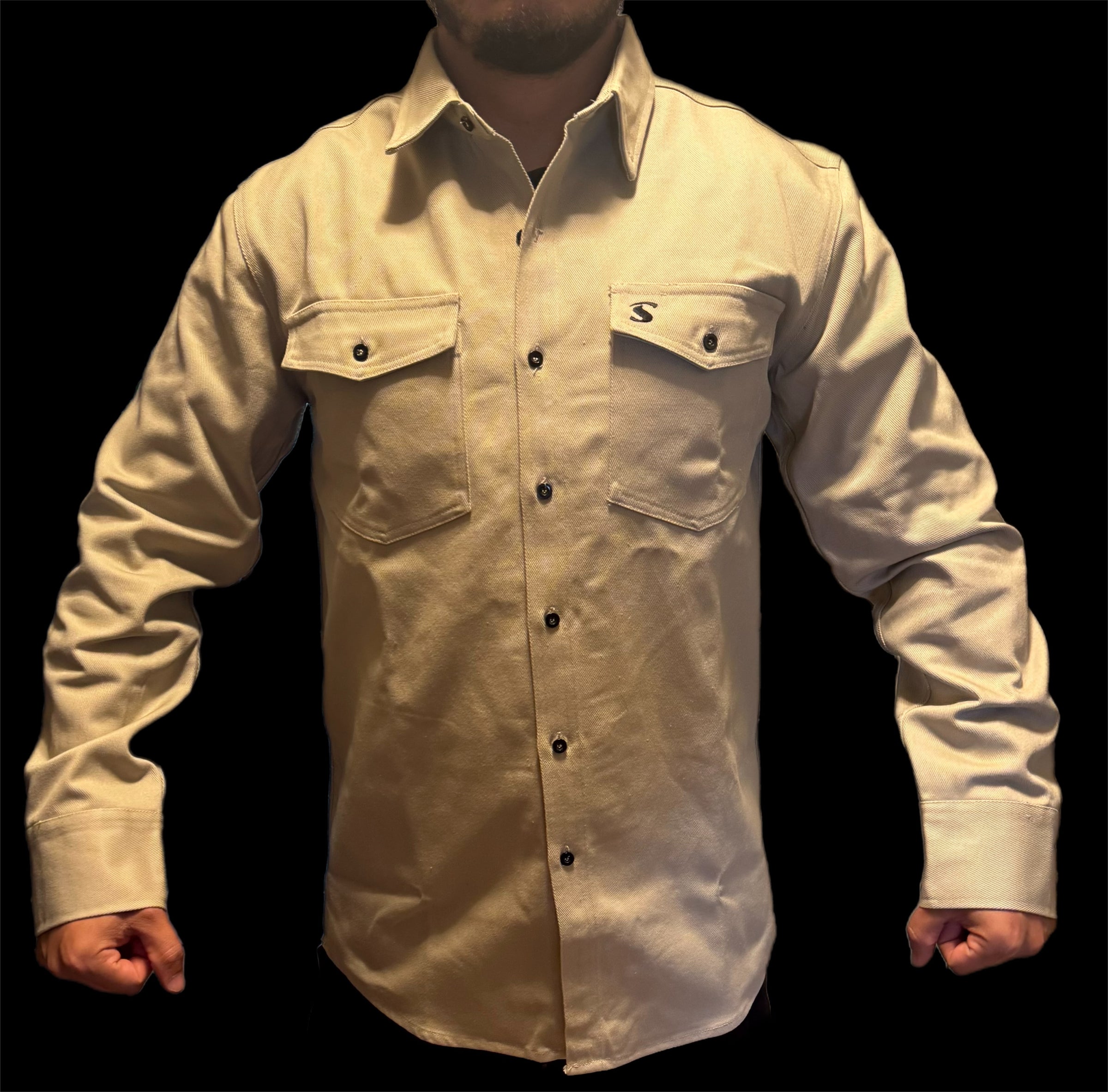 Slickman Khaki FR Welding Shirt with Pearl Snap Closures